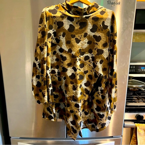 IC Connie K 1X COWL neck KNIT SWEATER olive Gray Black SPOTS Asymmetrical Hem 1X - Picture 14 of 16